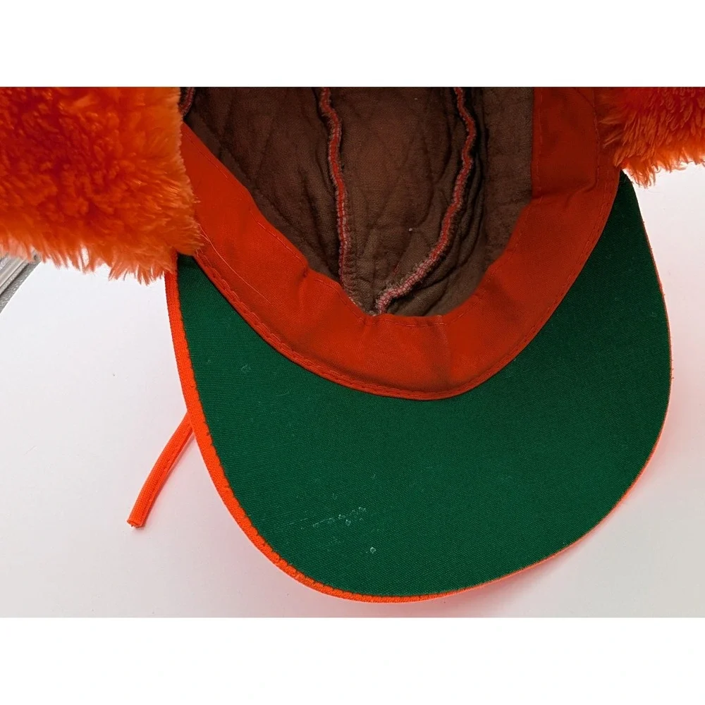 Vintage Blaze Orange Quilted Hunting Hat Ear Flaps Faux Fur Lined Trapper Cap
